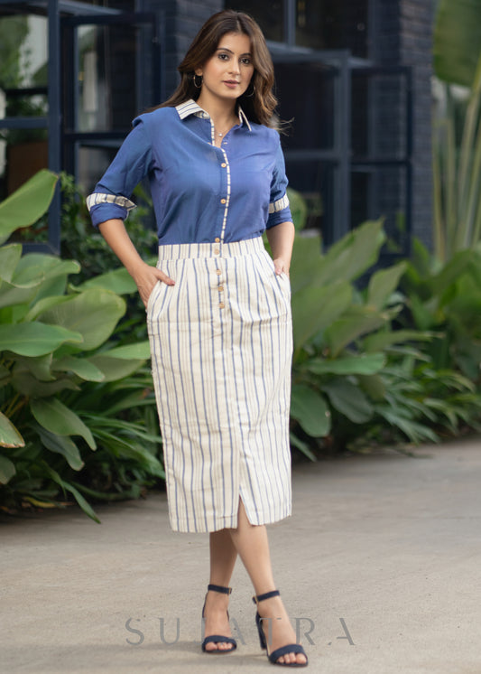 Trendy Striped White IndoWestern Skirt  - Cotton Blue Shirt Optional