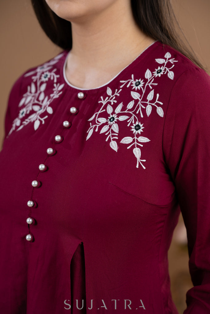 Embroidered Maroon Rayon pleated top