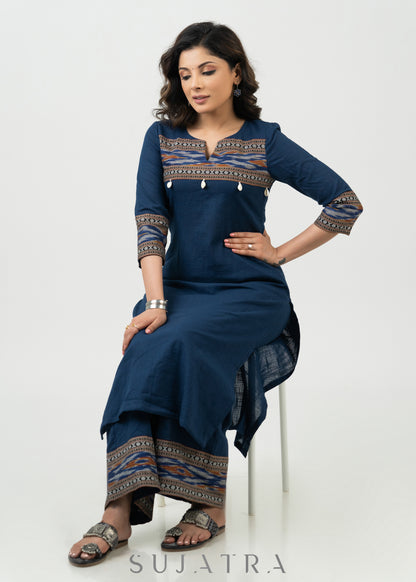 Stylish Navy Blue Cotton Ikat Combination Kurta - Pant Optional