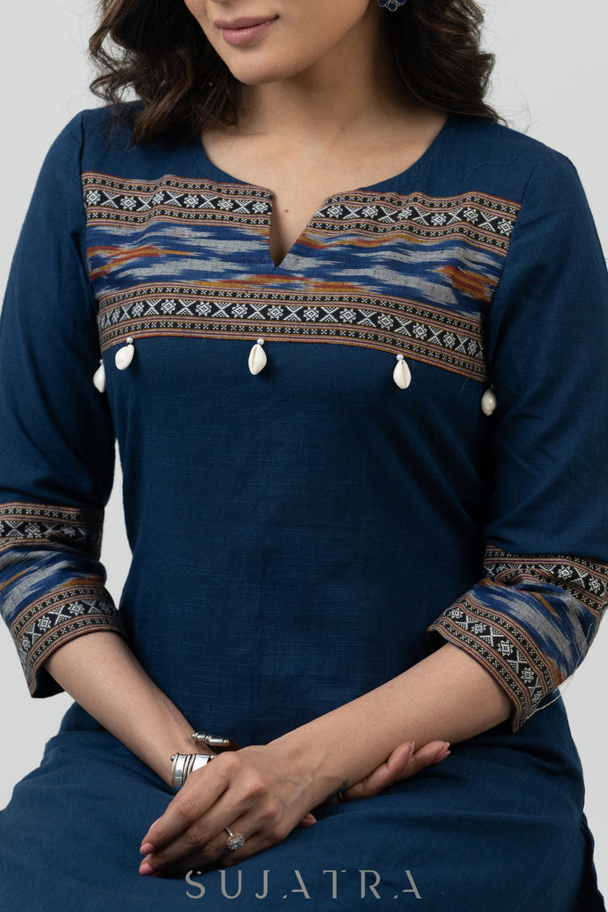 Stylish Navy Blue Cotton Ikat Combination Kurta - Pant Optional