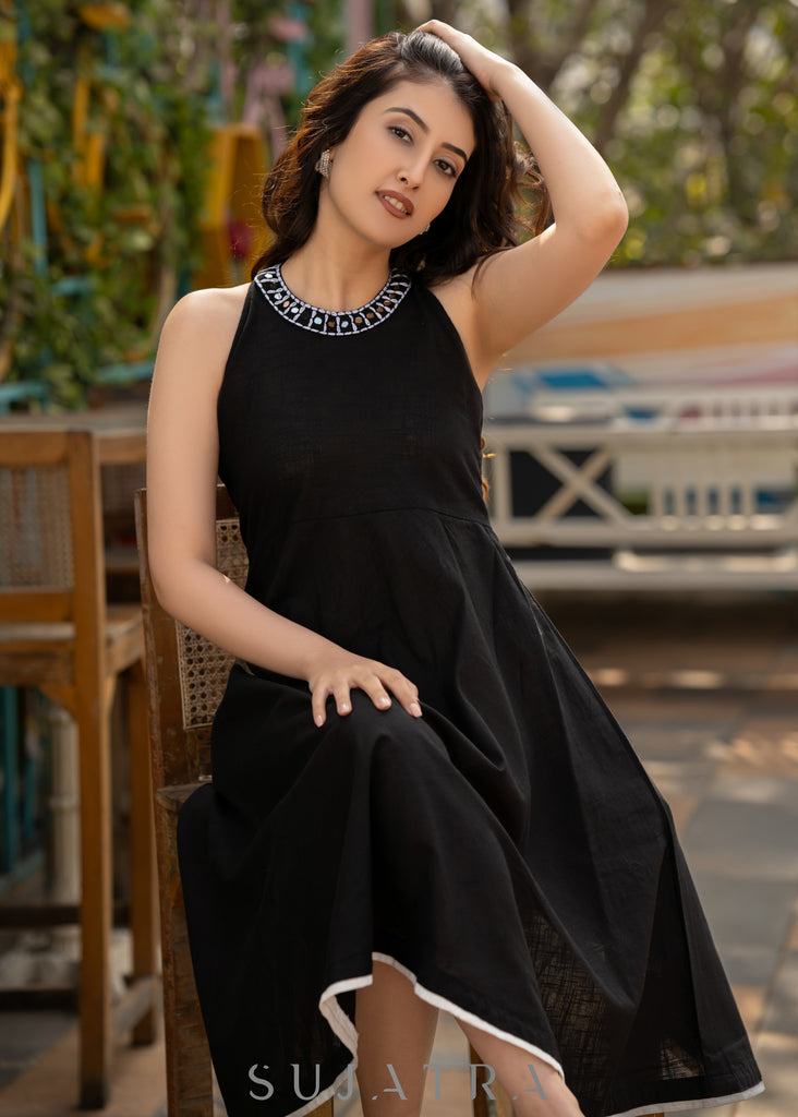 Elegant black cotton halter neck dress with embroidered neckline
