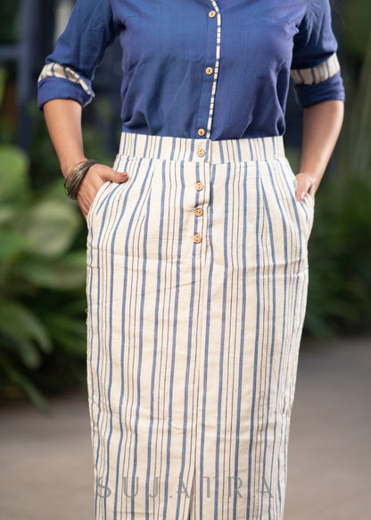 Trendy Striped White IndoWestern Skirt  - Cotton Blue Shirt Optional
