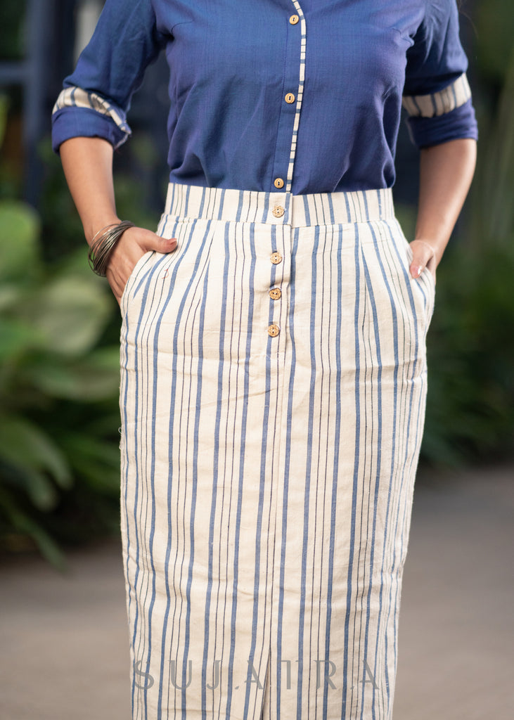 Trendy Striped White IndoWestern Skirt Cotton Blue Shirt Optional