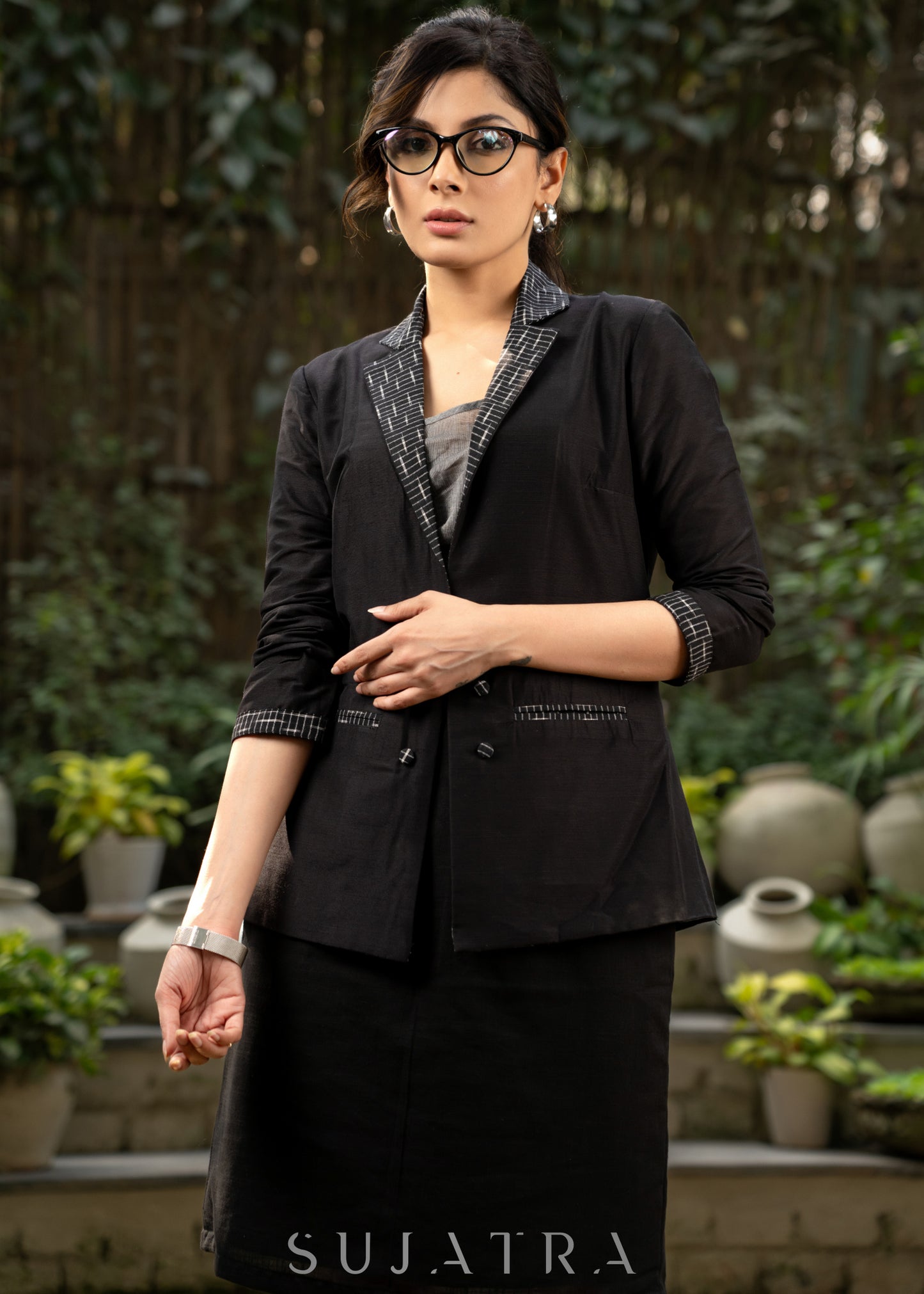 Exclusive black cotton silk formal blazer with ikat combination  - Skirt optional