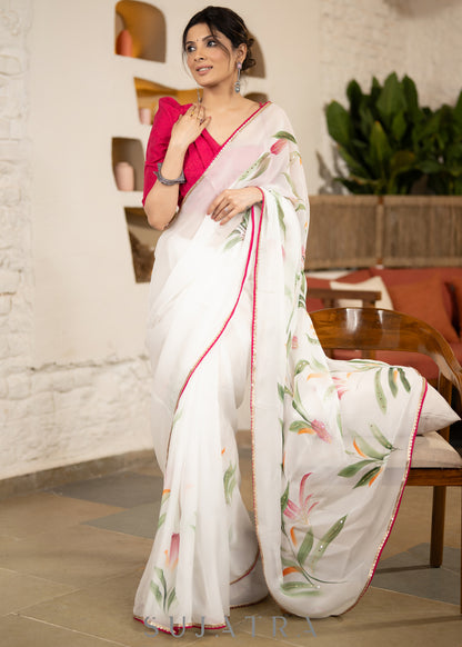 Trendy White Organza Saree With Overall floral Brush Painting Highlighted With Minimal Hand Embroidery