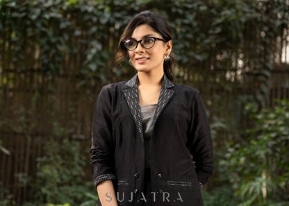 Exclusive black cotton silk formal blazer with ikat combination  - Skirt optional