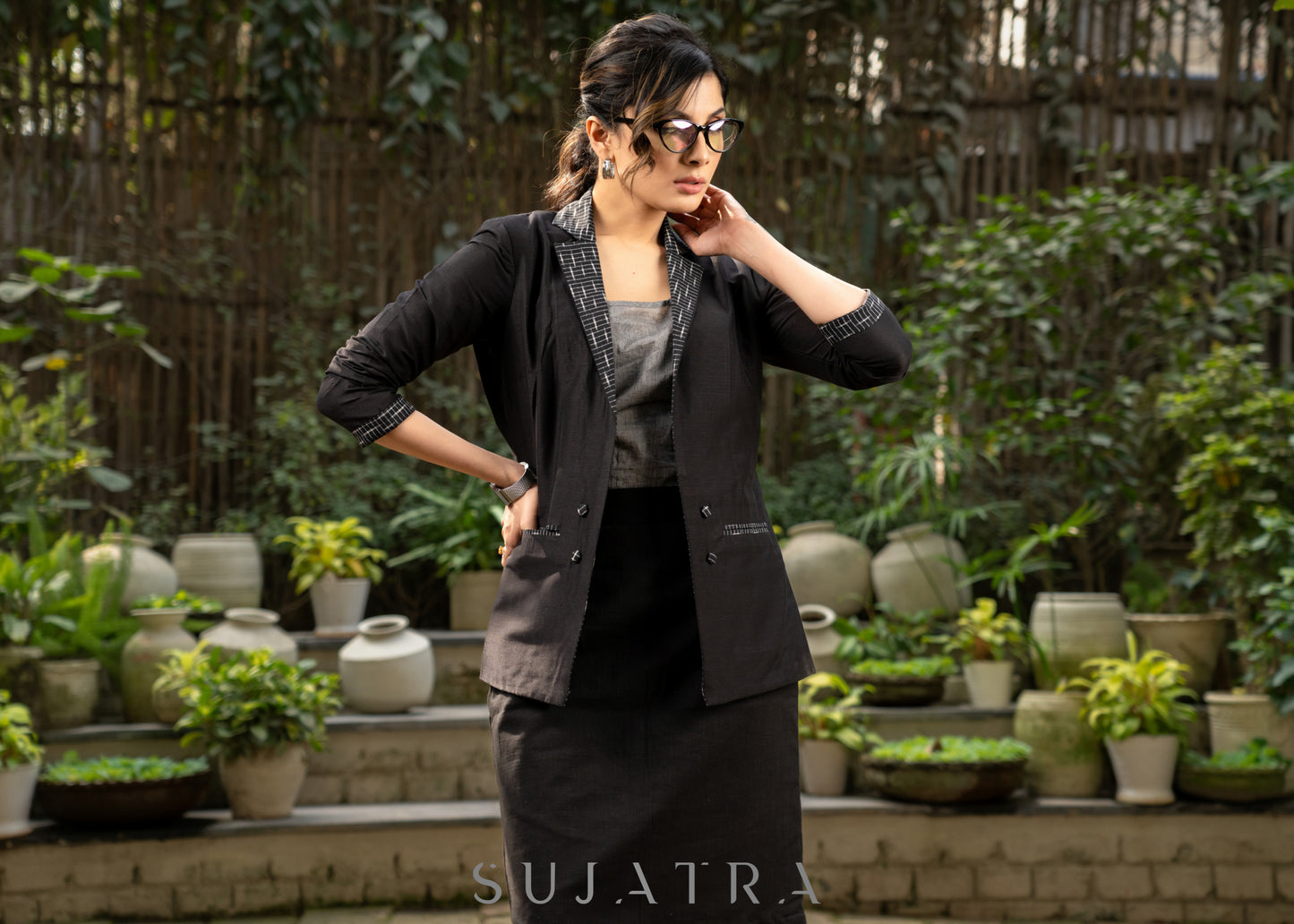 Exclusive black cotton silk formal blazer with ikat combination  - Skirt optional