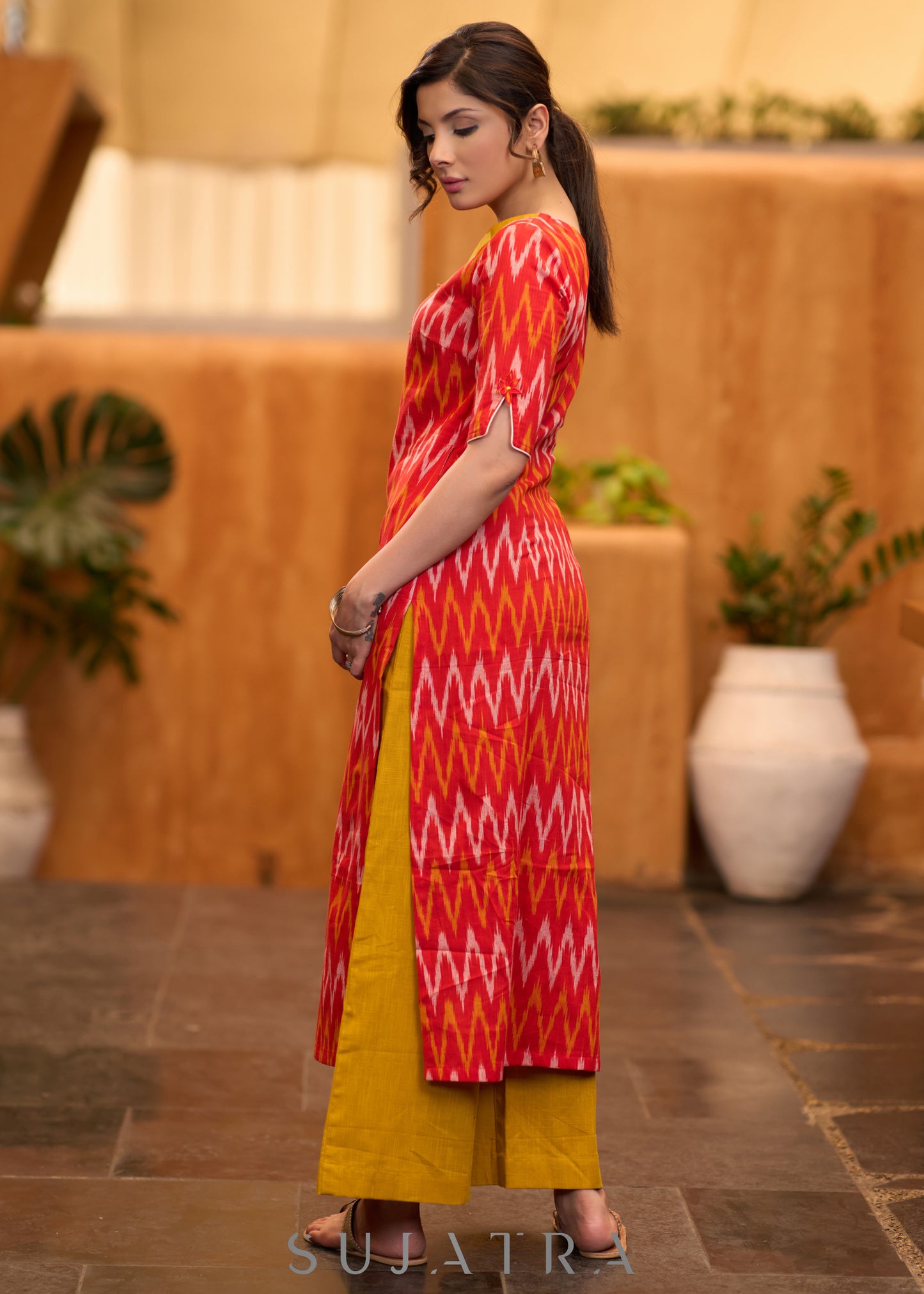 Elegant orange ikat kurta with patchwork buttons & palazzo - Stole optional