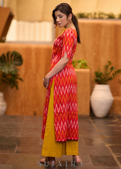 Elegant orange ikat kurta with patchwork buttons & palazzo - Stole optional