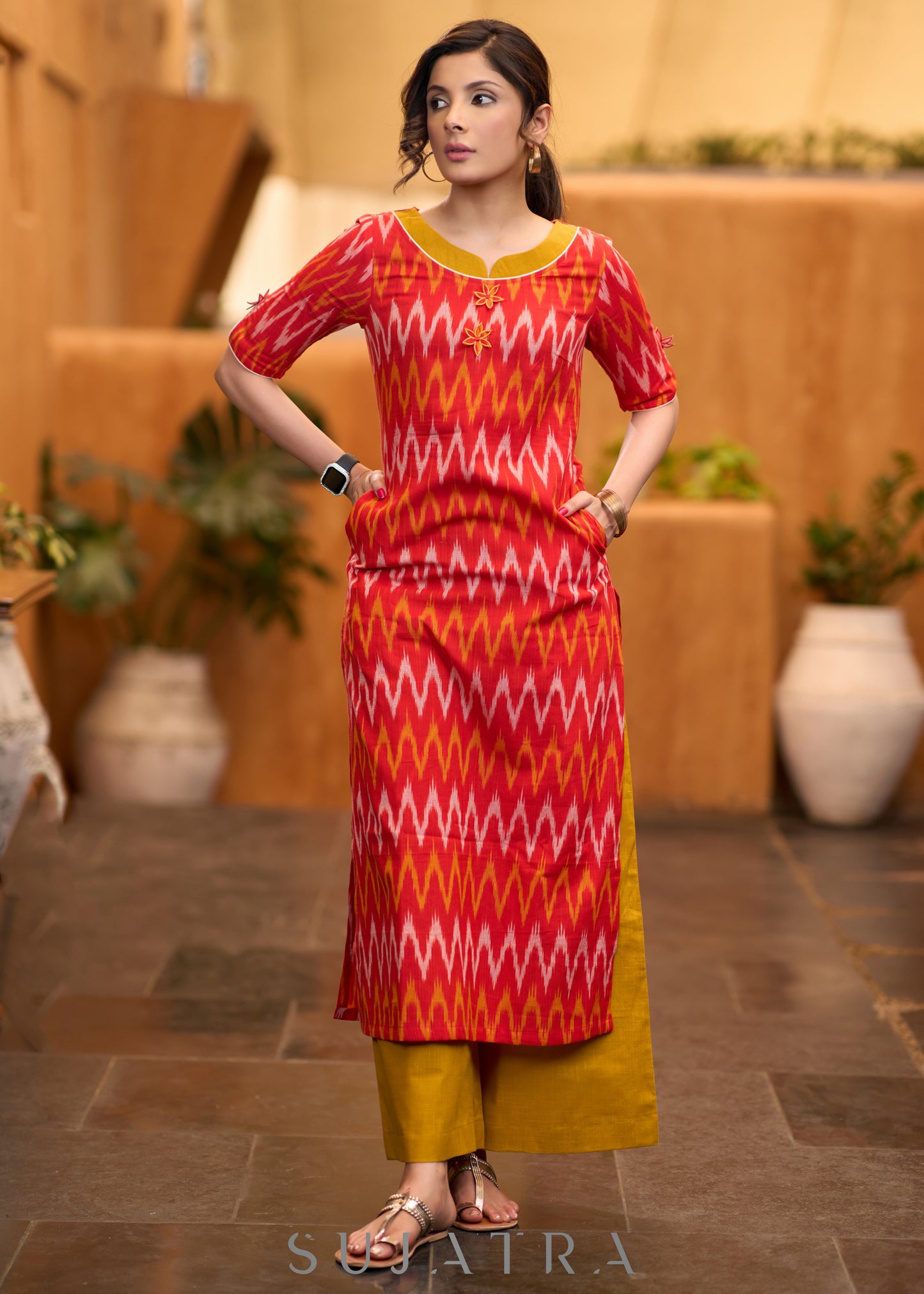 Elegant orange ikat kurta with patchwork buttons & palazzo - Stole optional