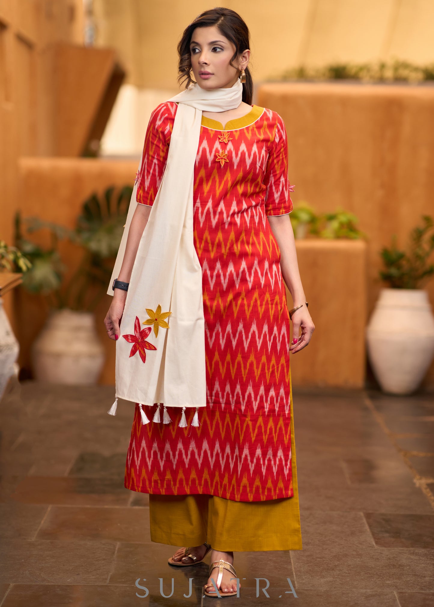 Elegant orange ikat kurta with patchwork buttons & palazzo - Stole optional