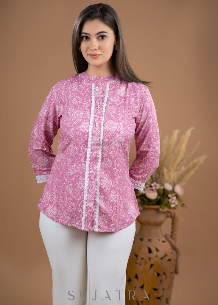 Pink Rayon printed top with laces