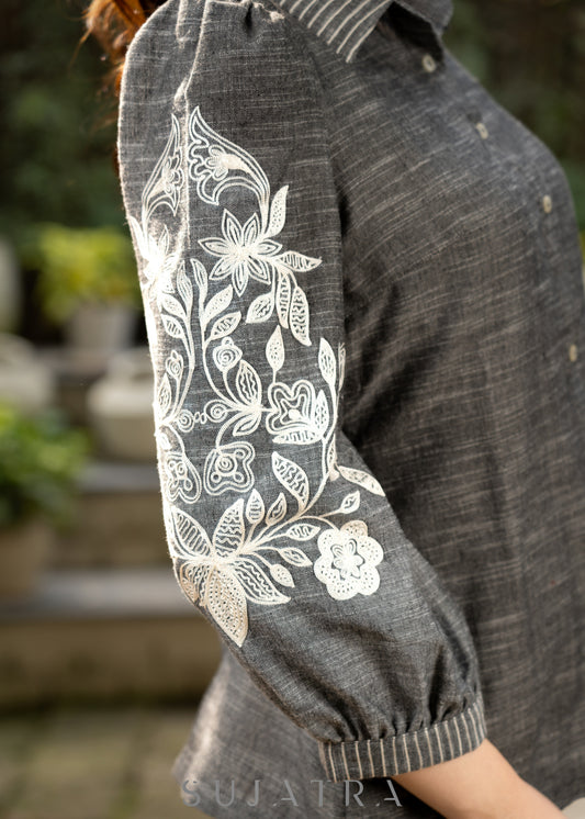 Sassy Grey Textured Cotton Shirt Highlighted with Beautiful Floral Embroidery on Sleeves and Collar