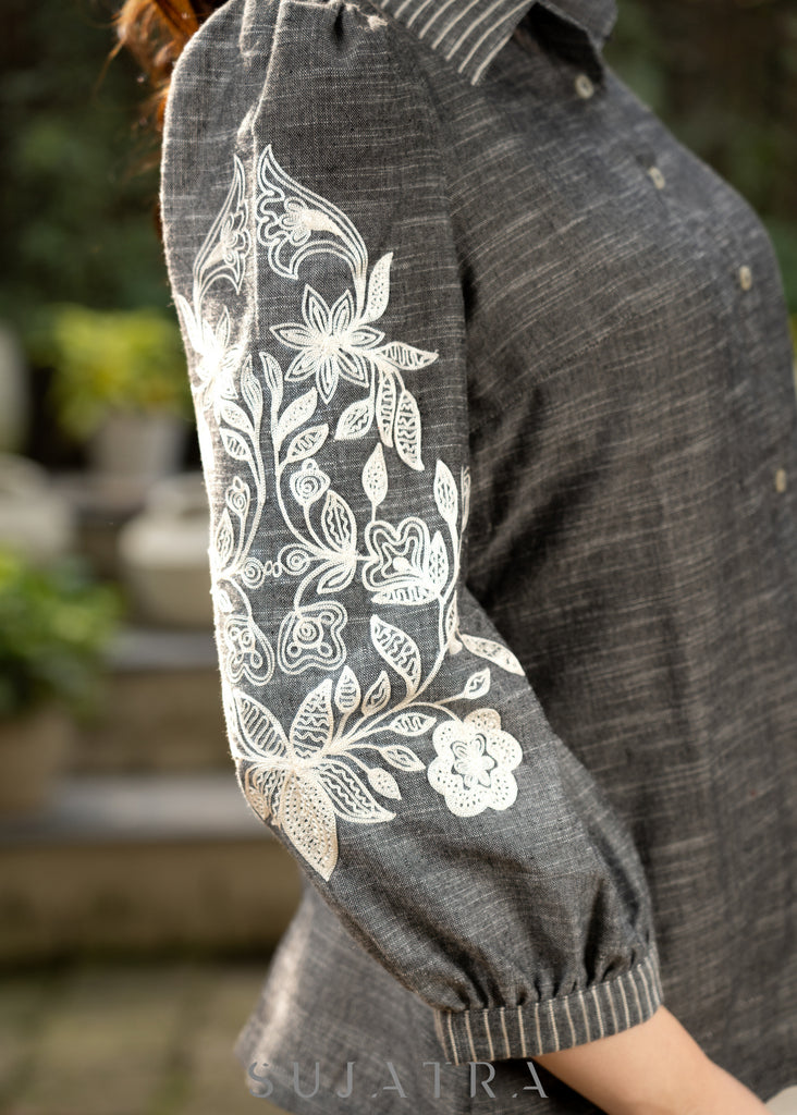 Sassy Grey Textured Cotton Shirt Highlightedwith Beautiful Floral Embroidery on Sleeves and Collar