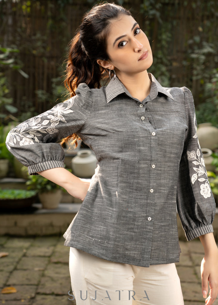 Sassy Grey Textured Cotton Shirt Highlightedwith Beautiful Floral Embroidery on Sleeves and Collar
