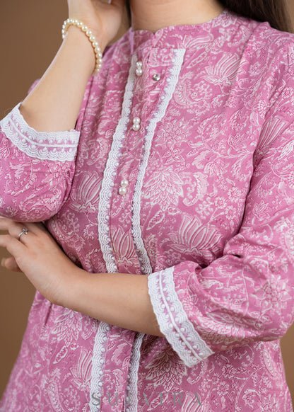 Pink Rayon printed top with laces
