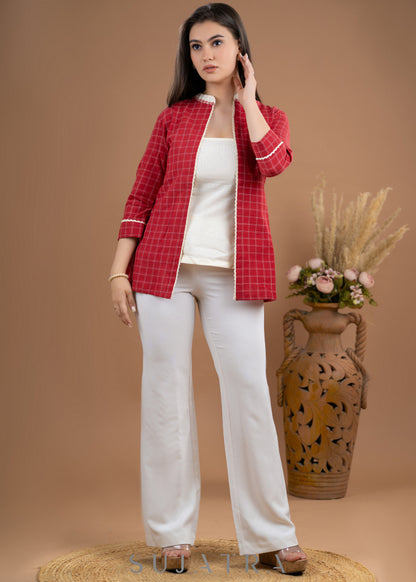 Hand painted Red pure cotton checks top - Off white inner optional