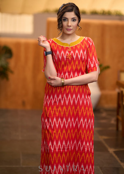 Elegant orange ikat kurta with patchwork buttons & palazzo - Stole optional