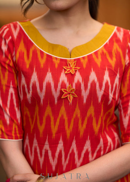 Elegant orange ikat kurta with patchwork buttons & palazzo - Stole optional