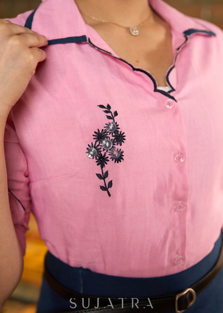 Smart pink cotton rayon shirt with navy blue detaling - Skirt Optional