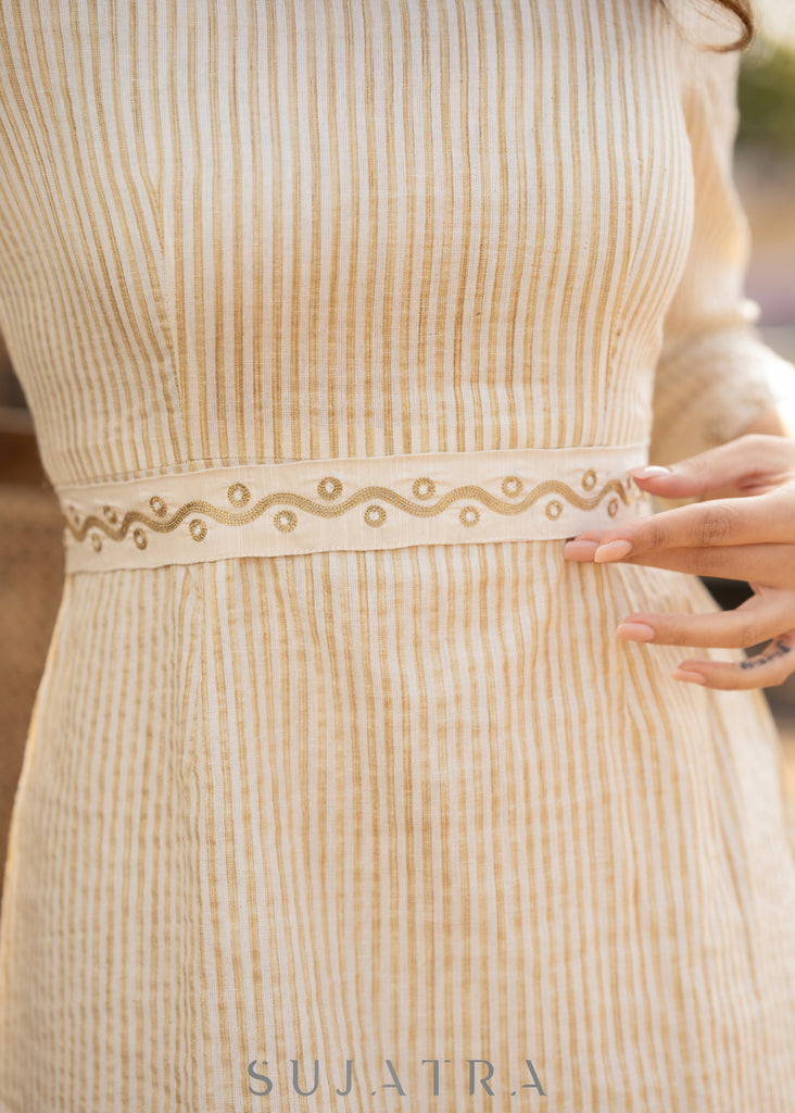 Elegant striped dress with gold embroidery & belt