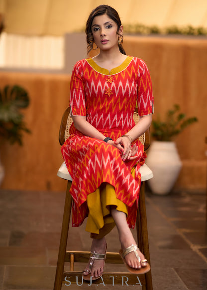 Elegant orange ikat kurta with patchwork buttons & palazzo - Stole optional