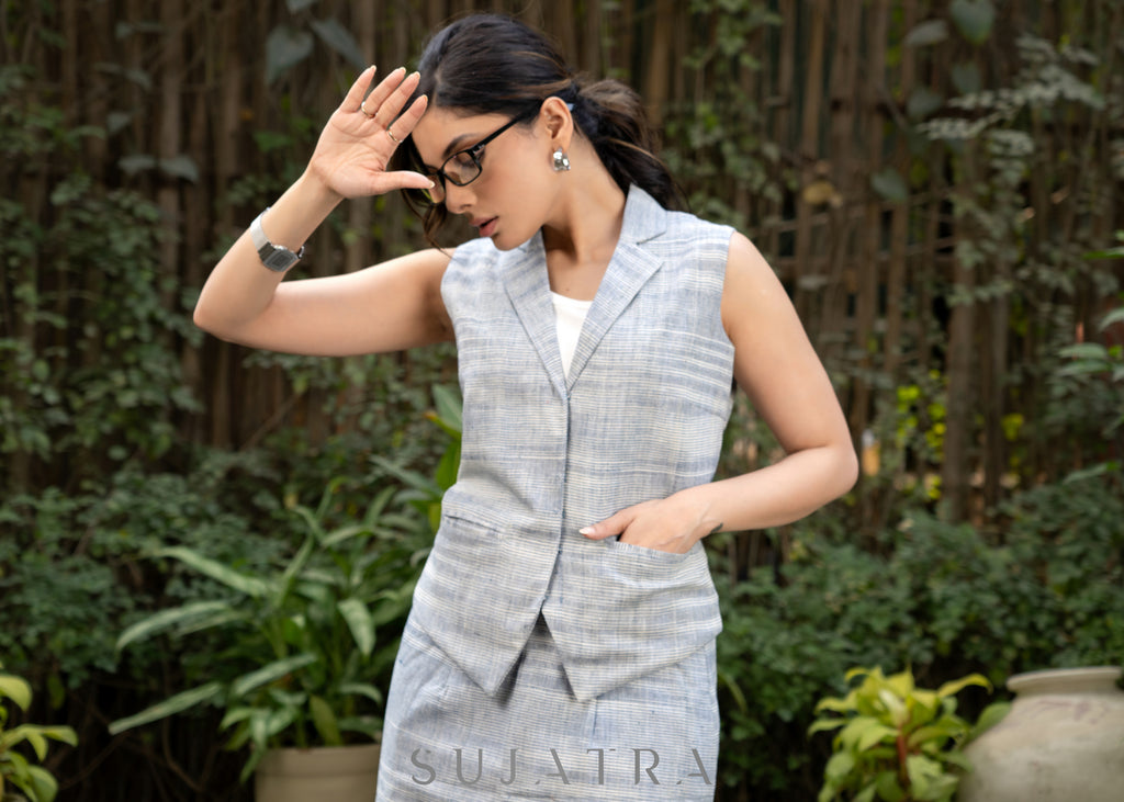 Elegant grey textured handloom cotton formal waistcoat with optional matching skirt