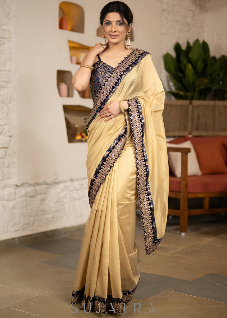 Beautiful Golden Chanderi Saree Highlighted With Contrast Lace And Matching Banarasi