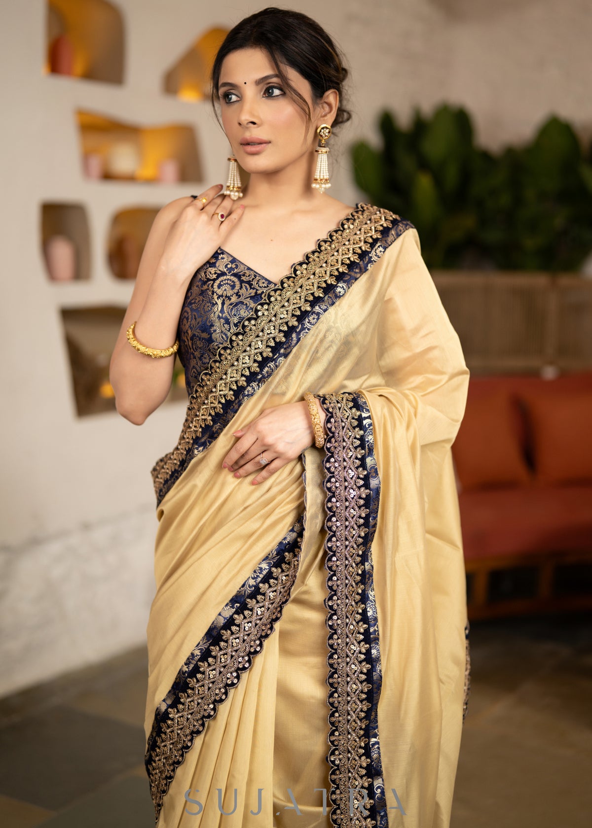 Beautiful Golden Chanderi Saree Highlighted With Contrast Lace And Matching Banarasi