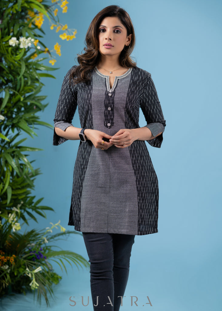 Trendy black ikat cotton tunic with grey combination