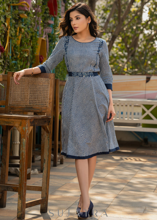 Striped indigo dress with matching belt