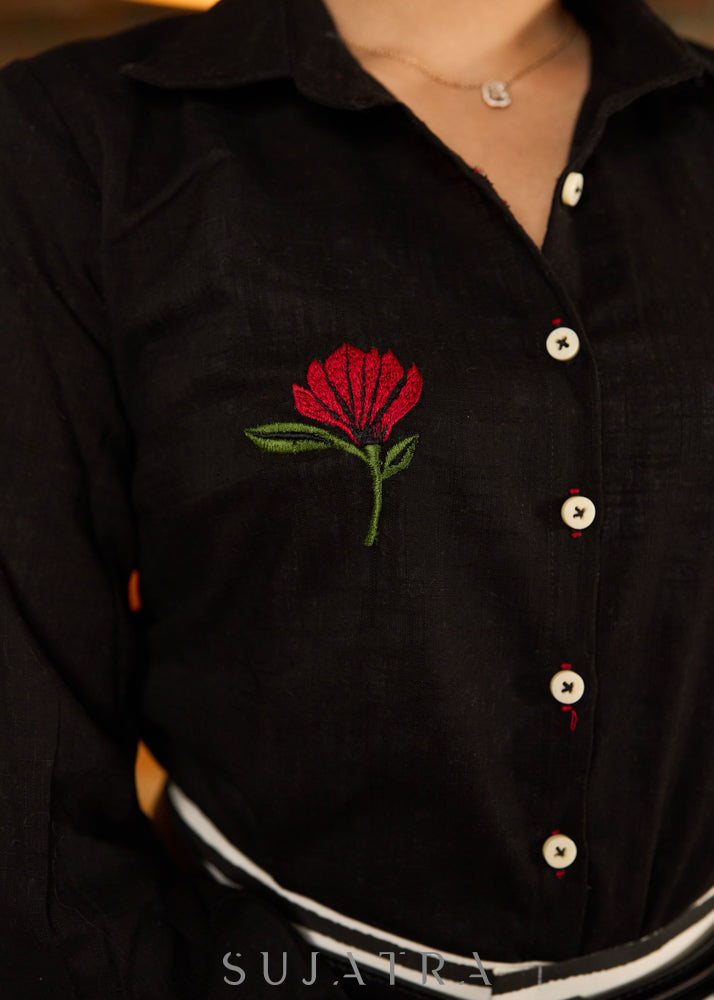 Smart black cotton shirt with red floral embroidery - Striped skirt optional