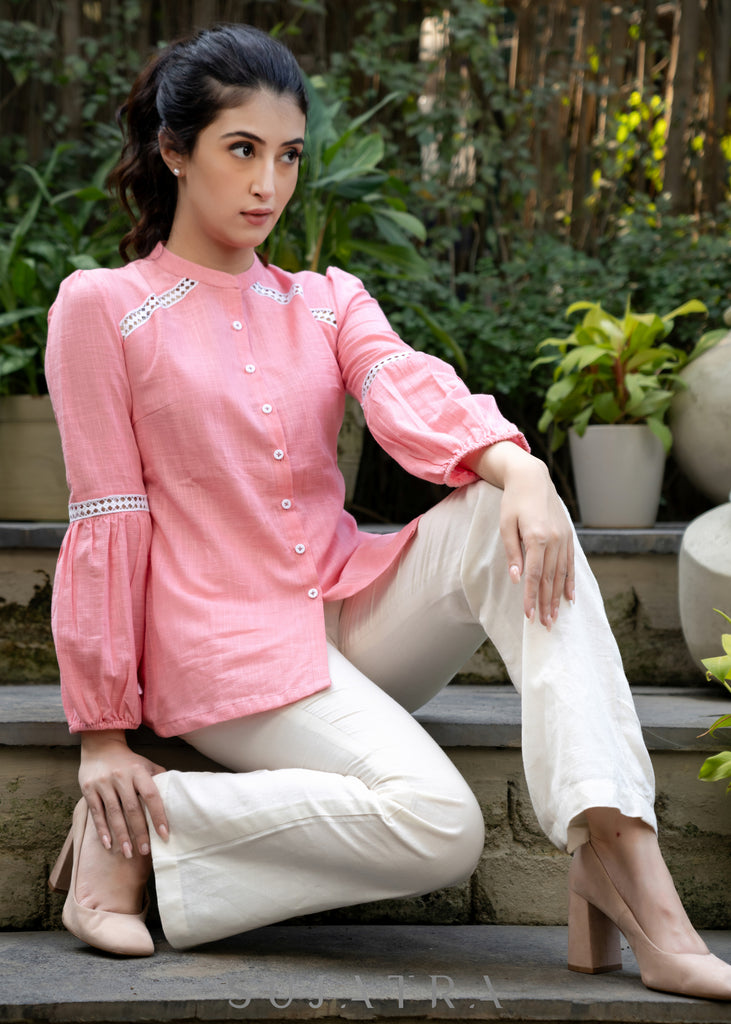 Sweet Pink Cotton Shirtwith Mandarin Collar Highlightedwith Beautiful Lace