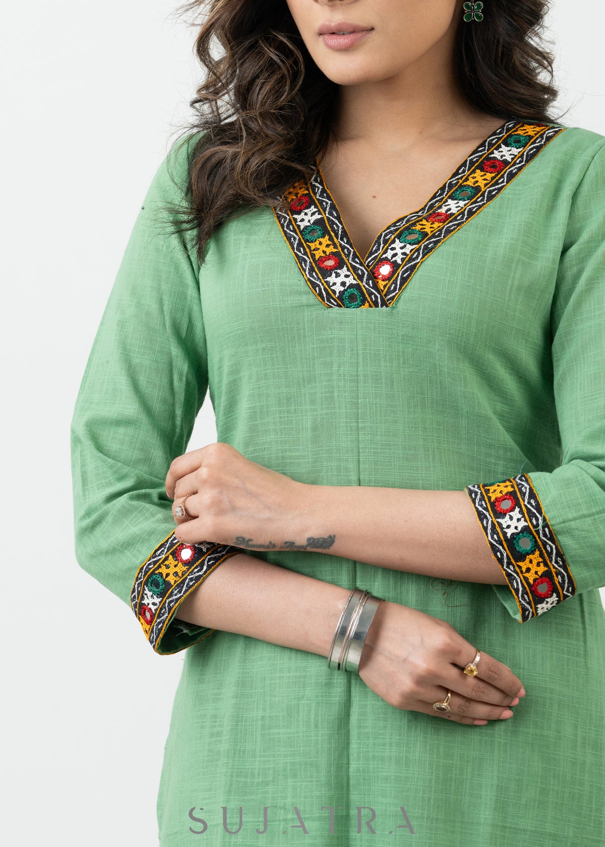 Dussehra Sale — Breezy Pista Cotton Kutch Mirrorwork Work Kurta - Pant Optional