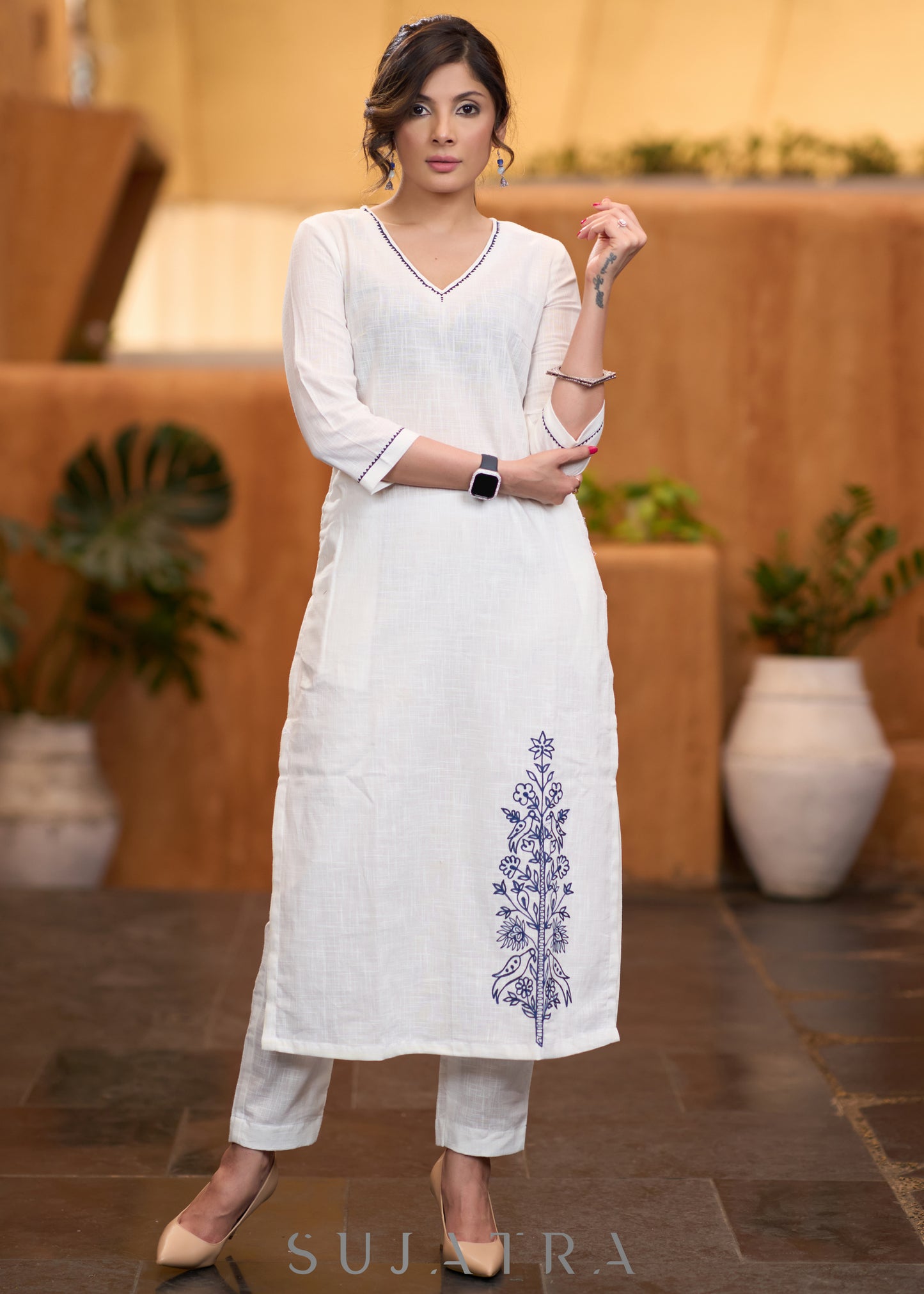 Classic White cotton side embroidered Kurta with pant  - Stole optional