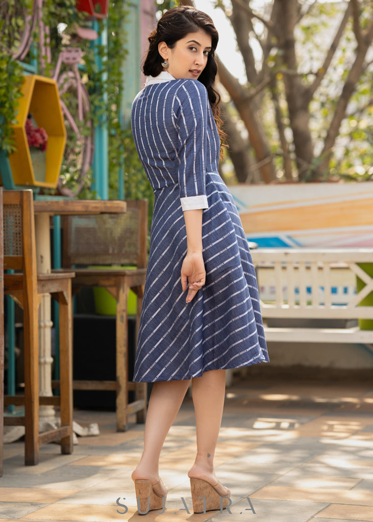 Blue striped dress with white collar & cuffs