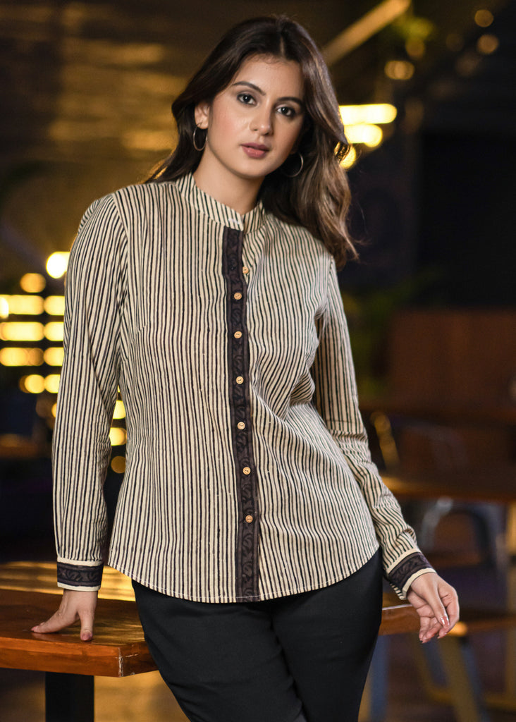 Basic Striped Cream Shirt with Black Detailing & Wooden Buttons