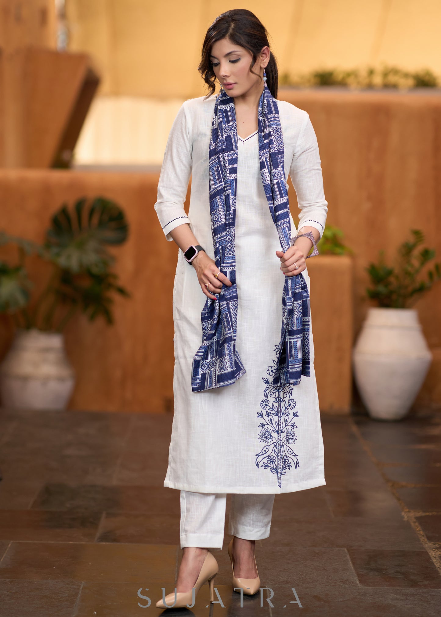 Classic White cotton side embroidered Kurta with pant  - Stole optional