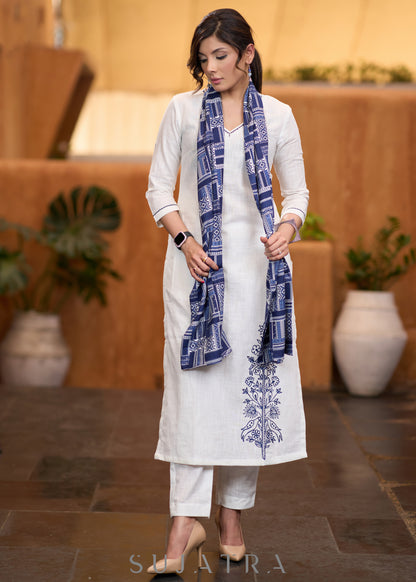 Classic White cotton side embroidered Kurta with pant  - Stole optional