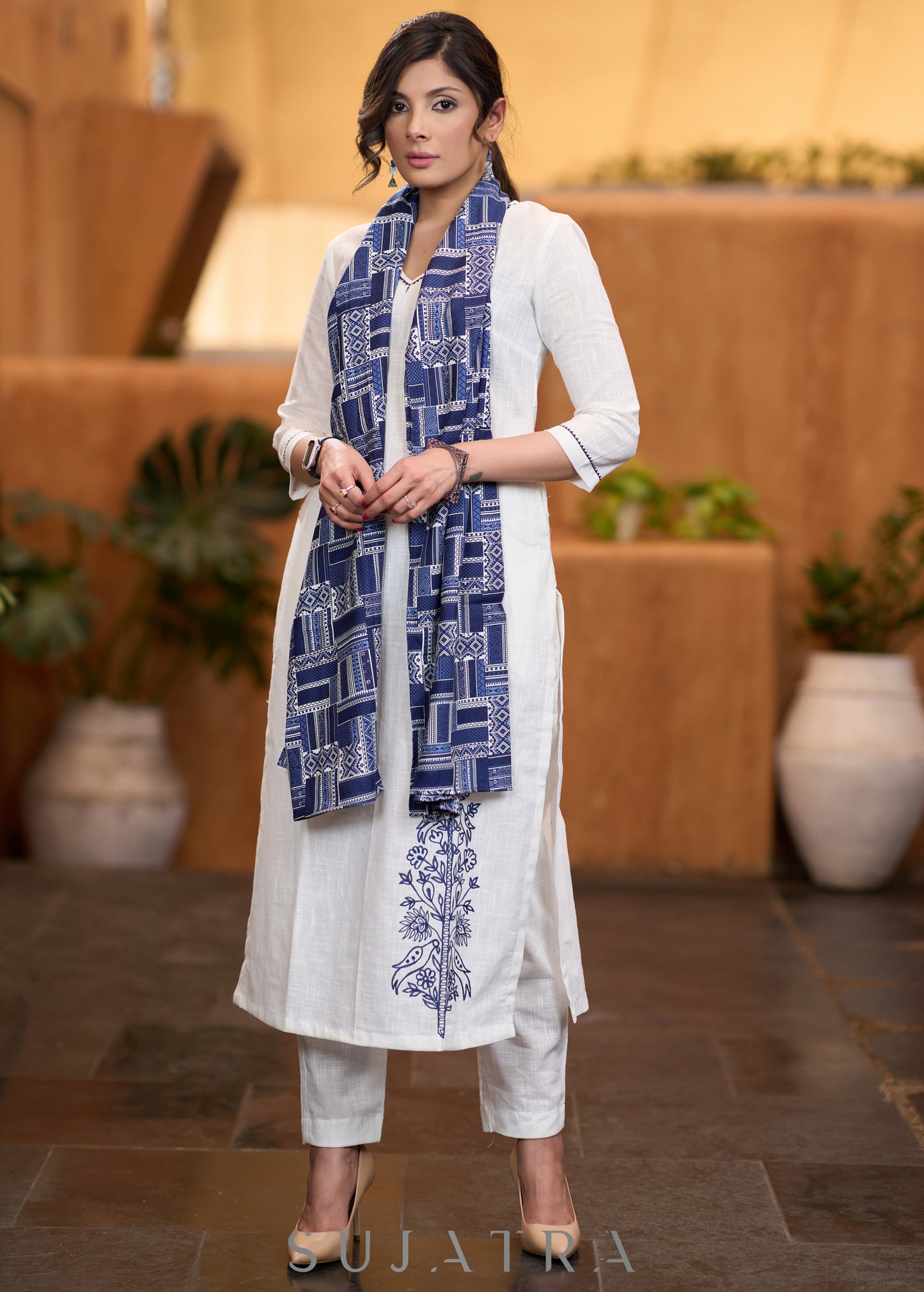 Classic White cotton side embroidered Kurta with pant  - Stole optional