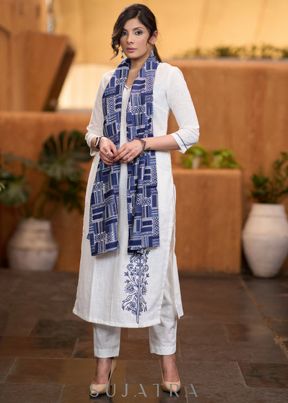 Classic White cotton side embroidered Kurta with pant  - Stole optional