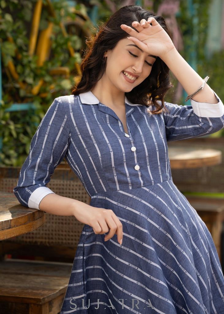 Blue striped dress with white collar & cuffs