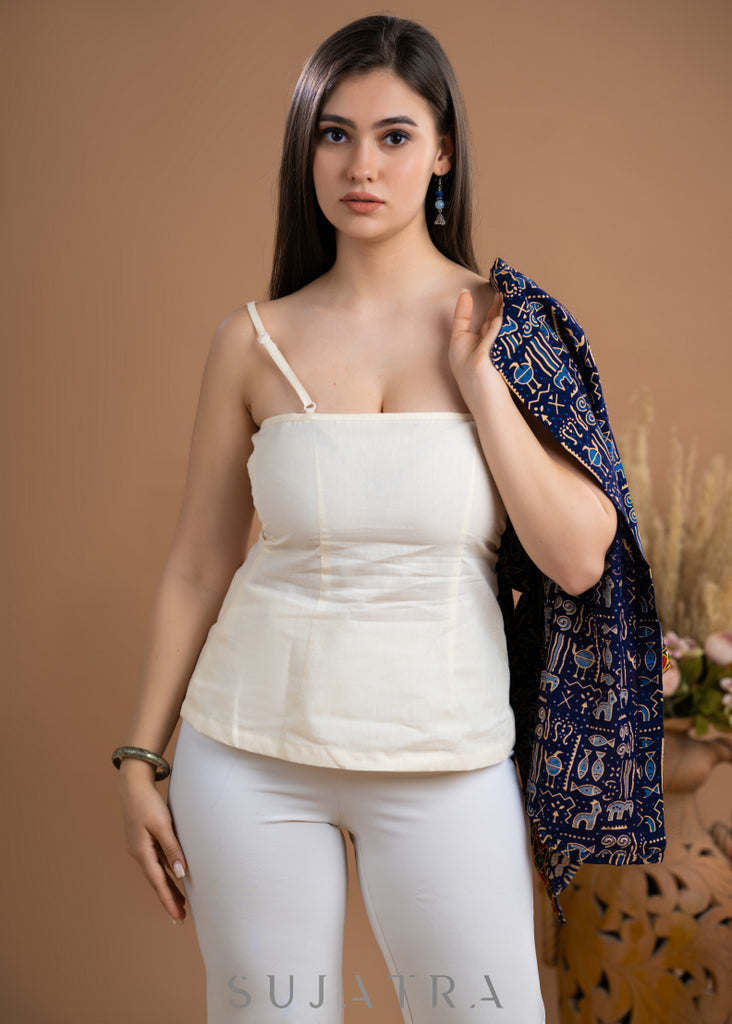 Smart cotton Ajrakh kutch embroidered top - Off white inner optional
