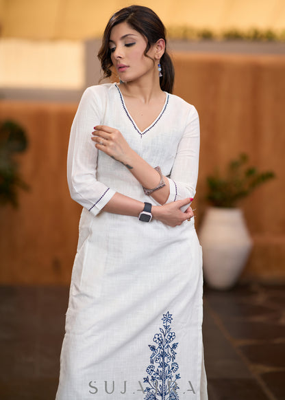 Classic White cotton side embroidered Kurta with pant  - Stole optional