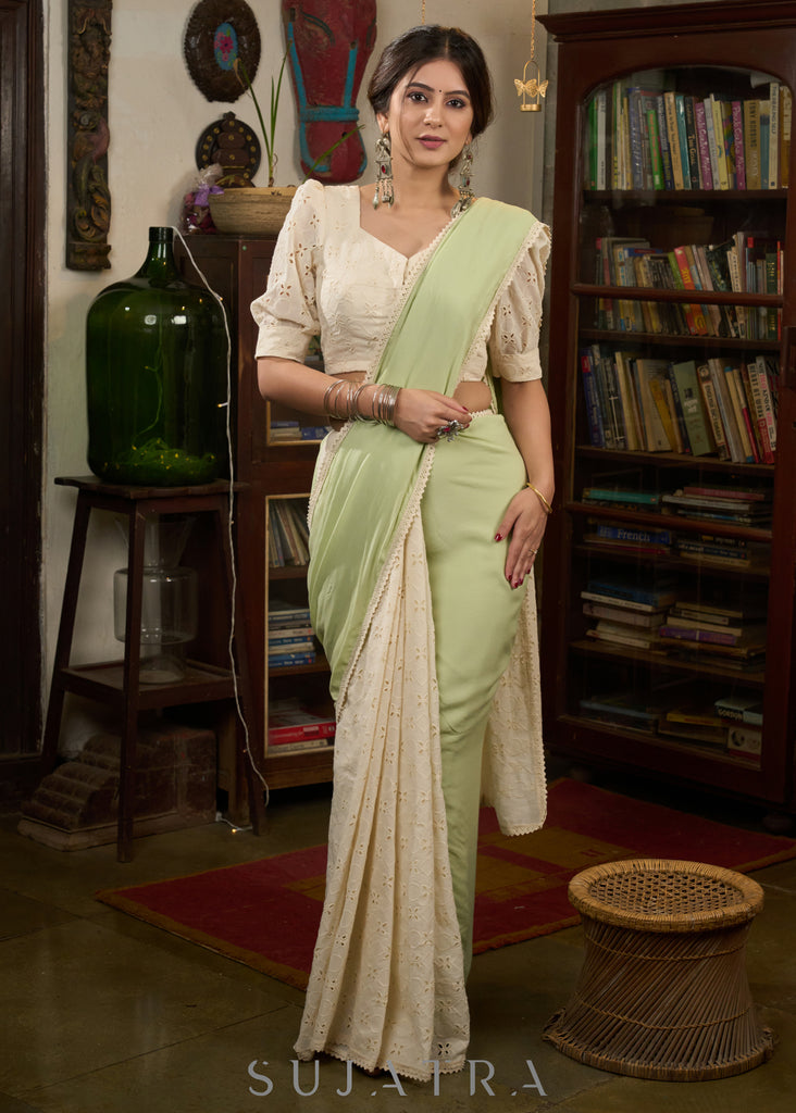 Elegant mint green modal cotton saree combined with hakoba and crochet lace