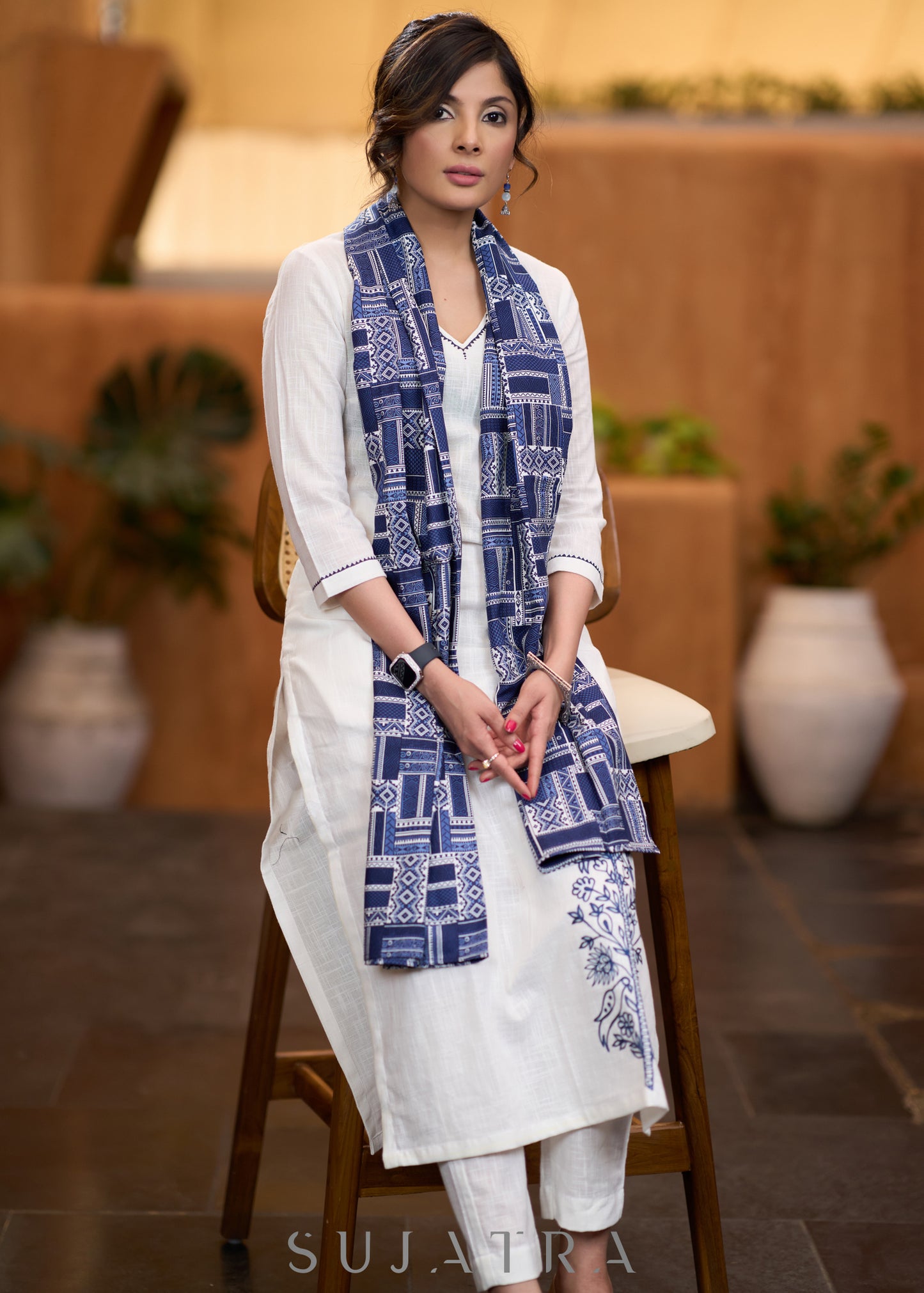 Classic White cotton side embroidered Kurta with pant  - Stole optional