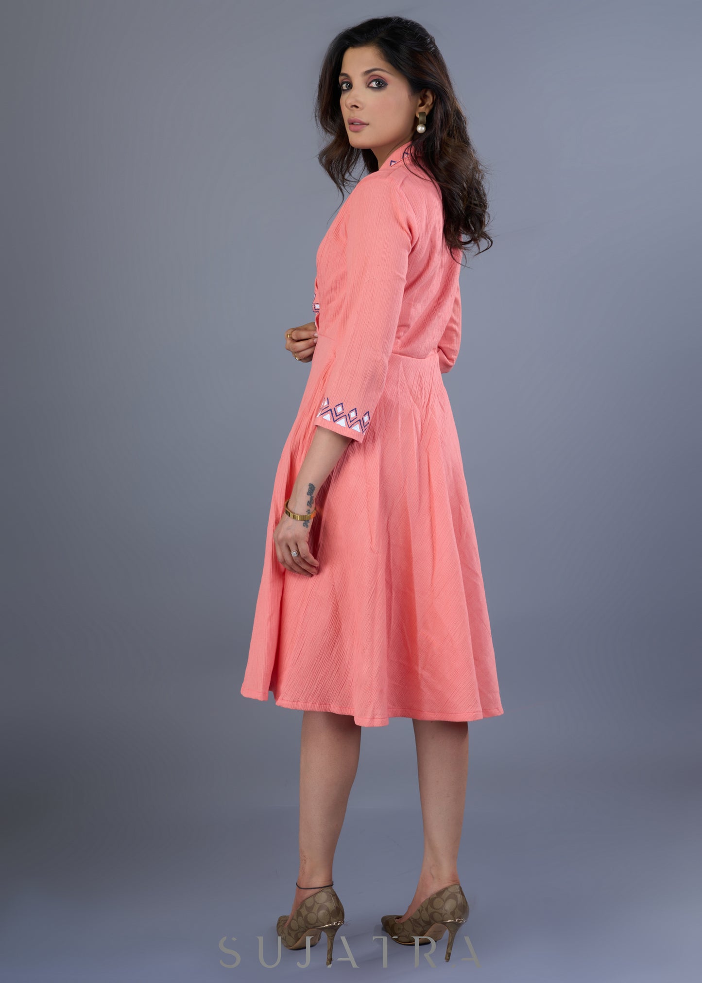 Elegant Hand Painted Cotton Crepe Peach Dress