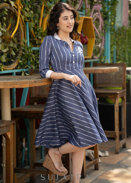 Blue striped dress with white collar & cuffs