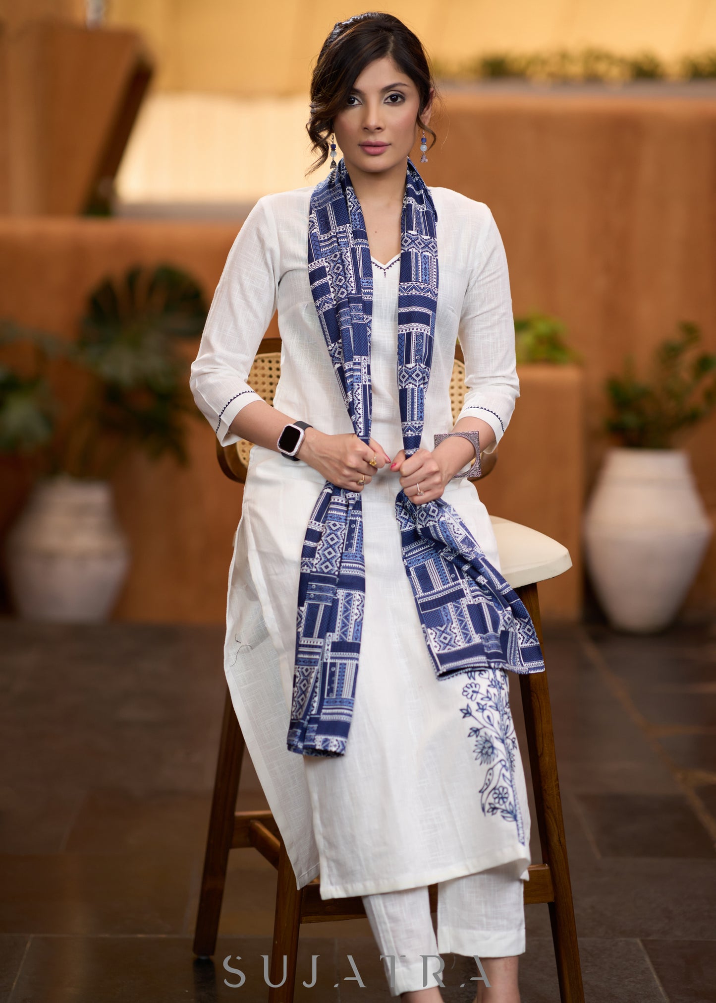 Classic White cotton side embroidered Kurta with pant  - Stole optional