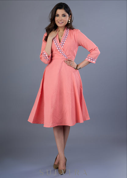 Elegant Hand Painted Cotton Crepe Peach Dress